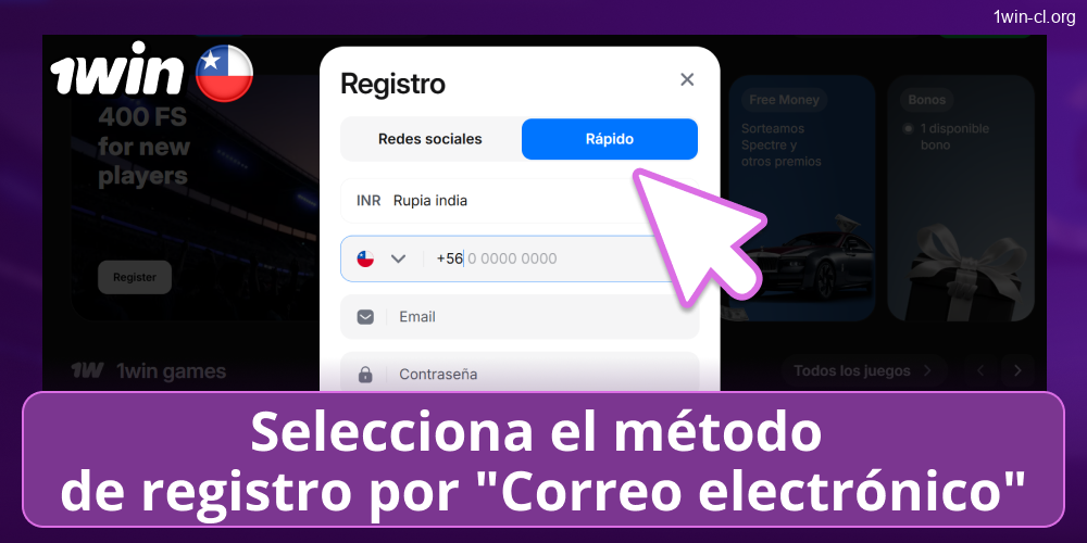 Registro por email en 1win Chile