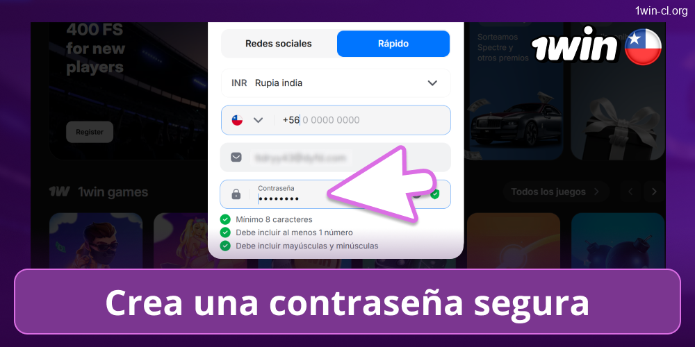 Crear contraseña en 1win para chilenos